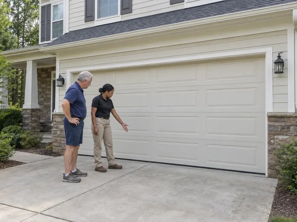 Technician points to the bottom of a closed almond garage door while a homeowner looks on