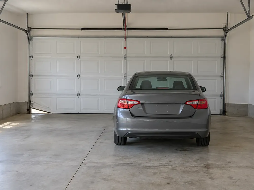 Garage door with a bent bottom corner and daylight under it behind a parked car
