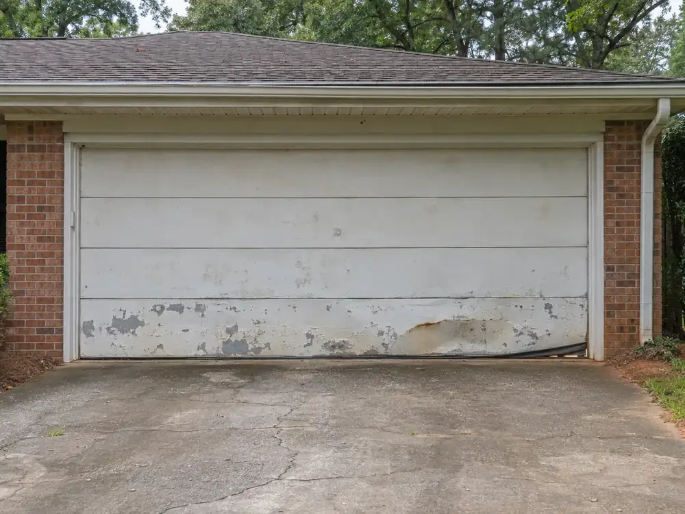Faded, dented garage door with peeling paint on an older brick ranch house