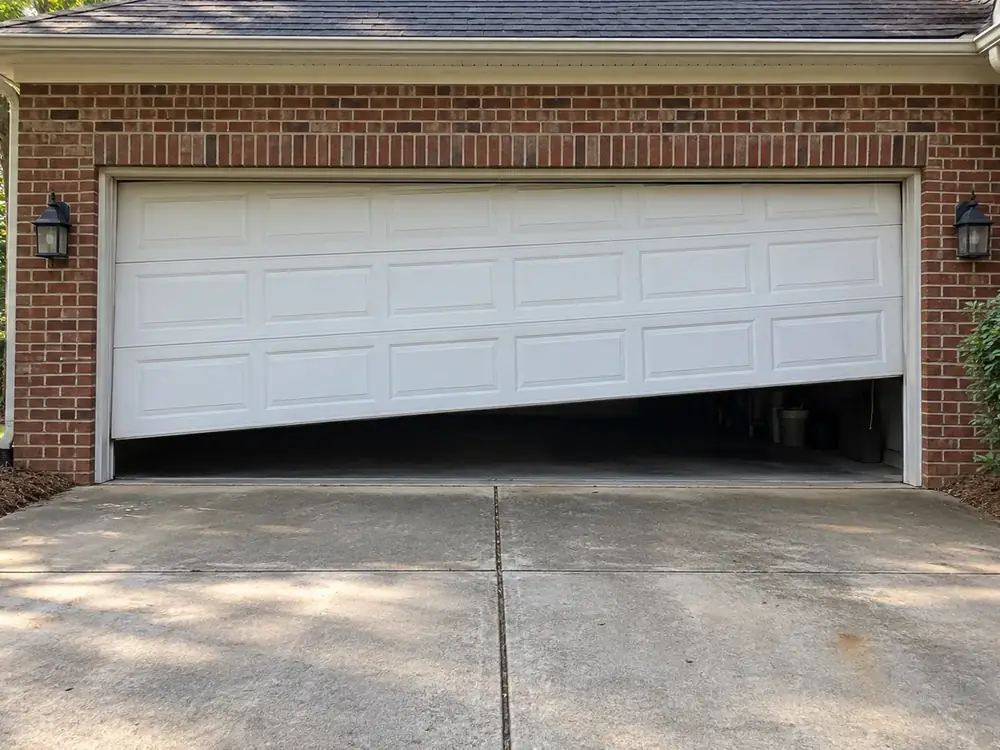 White garage door stuck partly open with one side hanging lower