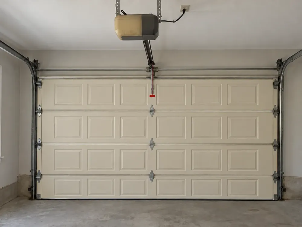 Older ceiling-mounted garage door opener with its chain rail running to a closed almond door