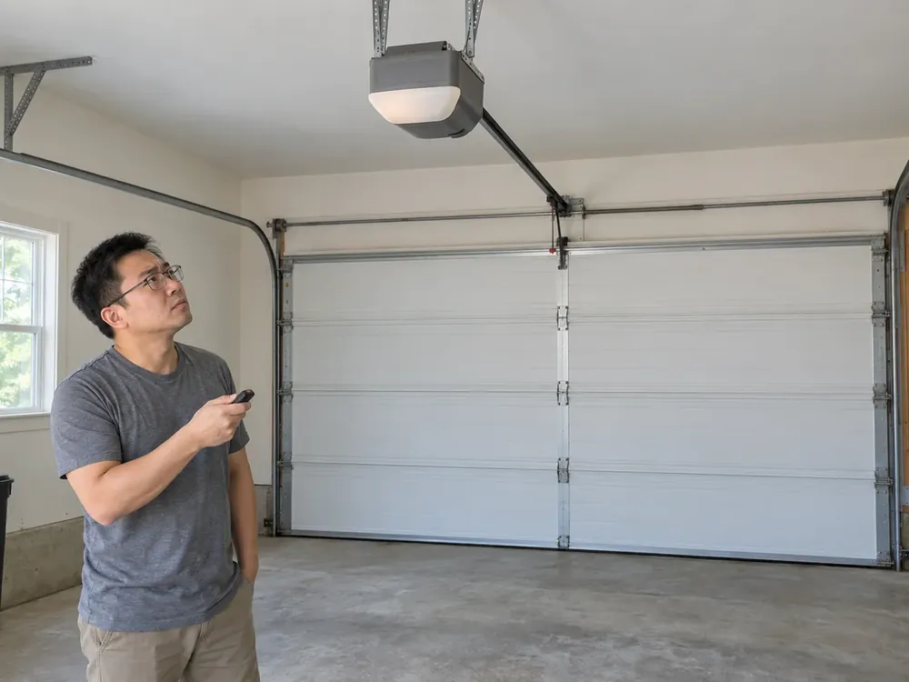Homeowner holding a remote beside a closed door, looking up at the opener