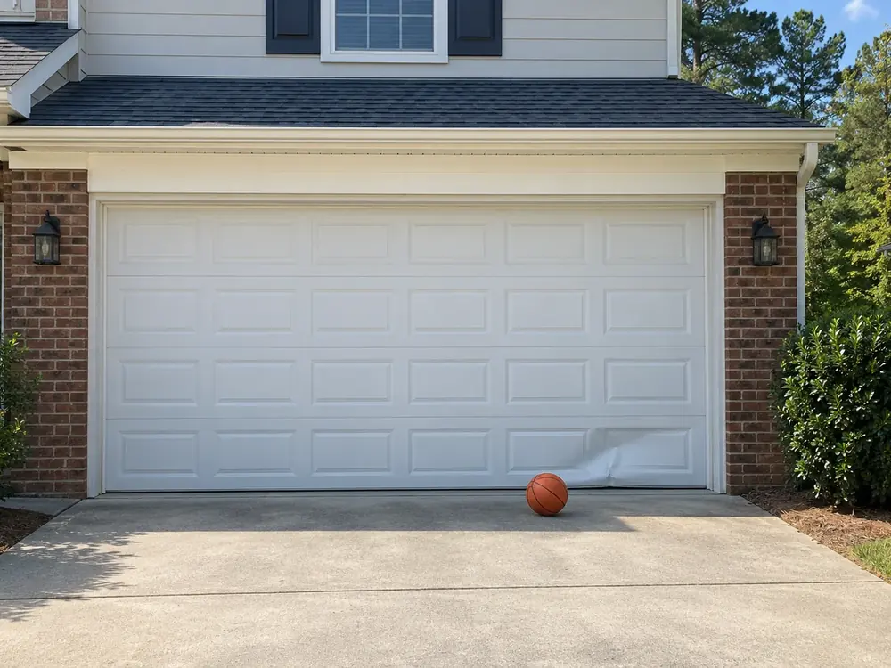 Dent near the right side of a white garage door's bottom section