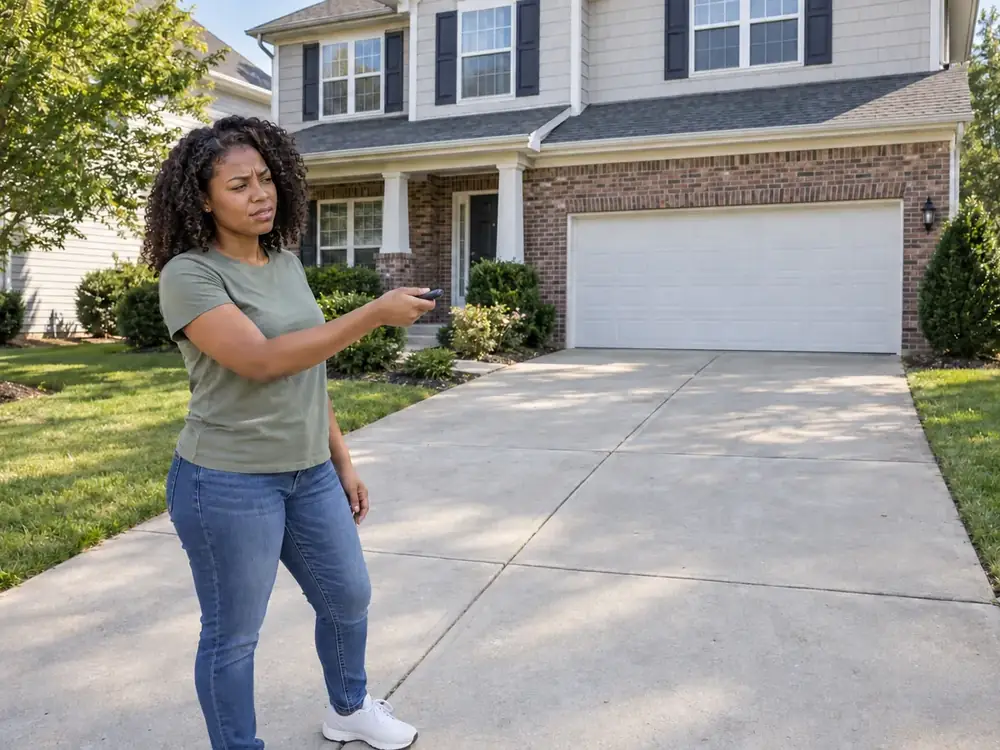 Homeowner points a handheld remote toward a closed garage door from the driveway.