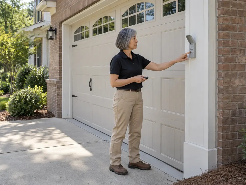 Technician presses an outdoor keypad beside a closed almond garage door while holding a remote.
