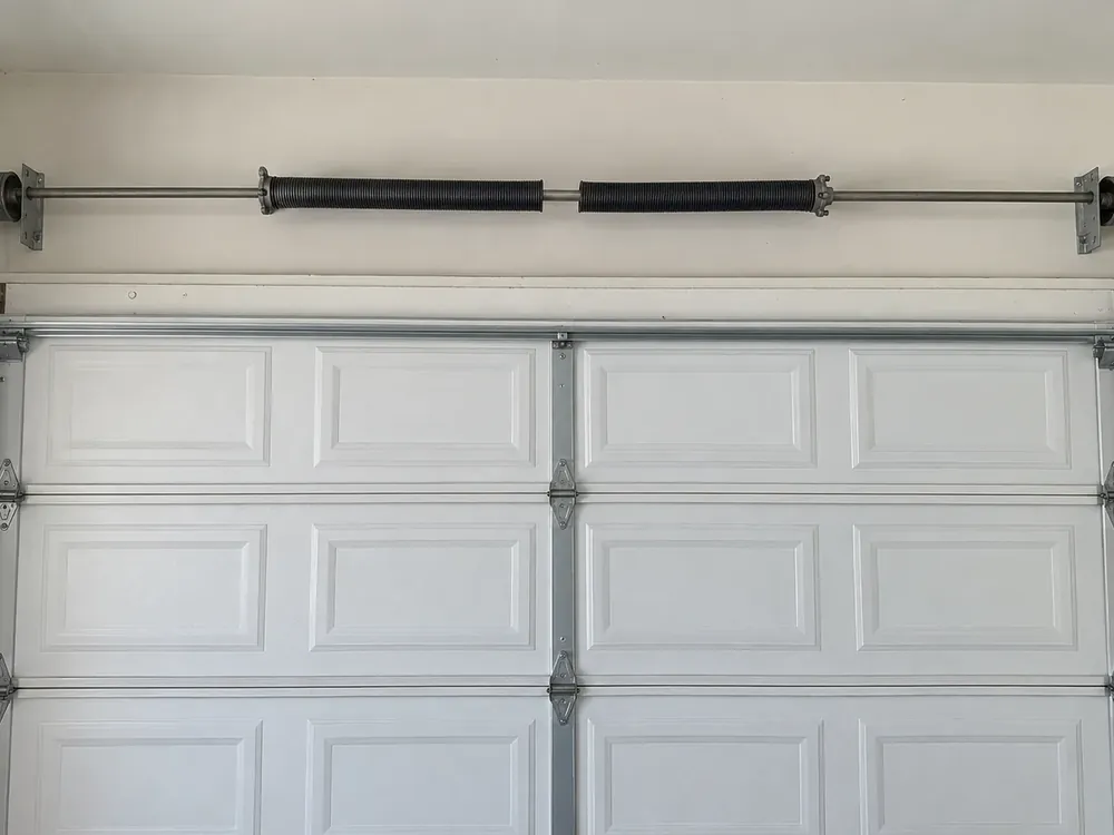 Broken torsion spring with a visible gap above a closed white garage door