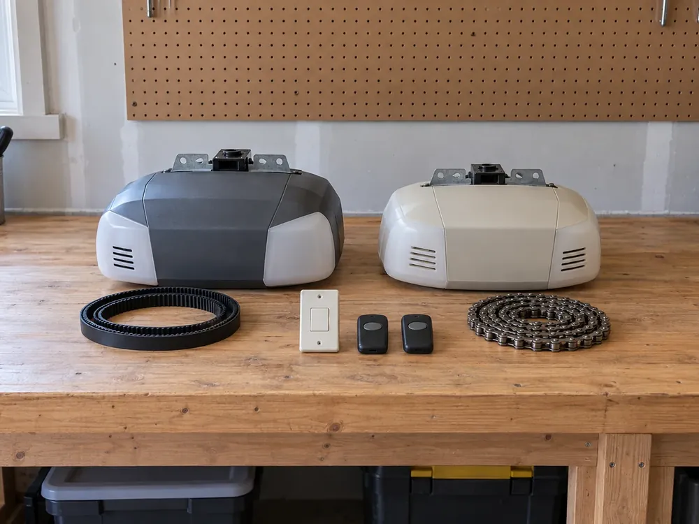 Belt-drive and chain-drive opener units on a workbench with a wall button and two remotes.