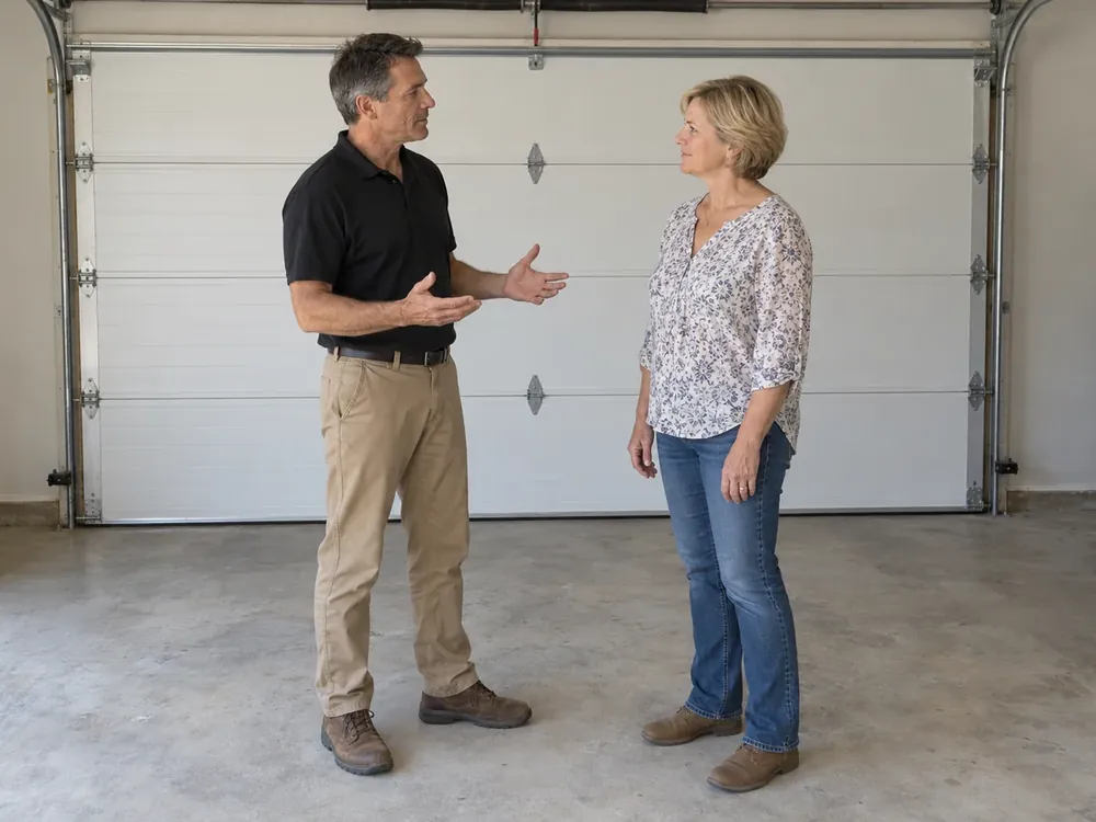 Technician talking with a homeowner inside a garage beside a closed door