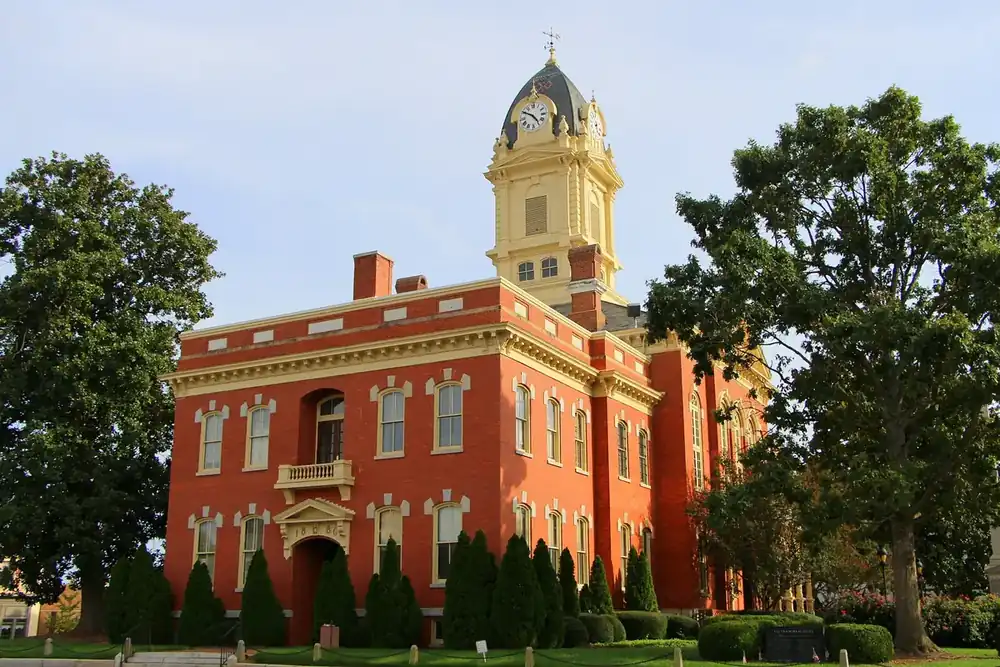 The red brick Union County Courthouse with its clock tower in Monroe, North Carolina