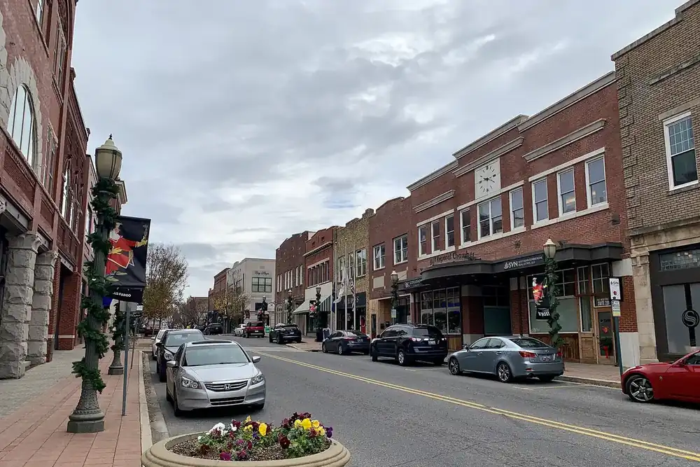 Brick buildings and parked cars along Main Street in downtown Rock Hill, South Carolina