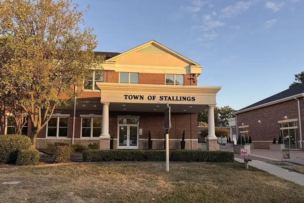 The brick Stallings Town Hall entrance with white columns in Stallings, North Carolina